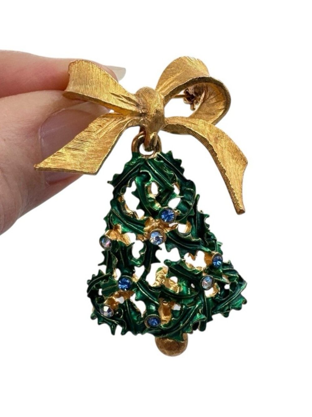 Christmas Tree Brooch Lot of 3 - MYLU Bell Enamel Rhinestone Gold Tone Tree - Picture 6 of 13